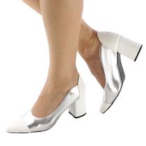 Scarpin Salto Bloco 9 cm Napa Branco Metalizado Prata ER411 Scarpin Salto Bloco 9 cm Napa Branco Metalizado Prata ER411