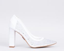 Scarpin Salto Bloco Madeira 10cm Tela Branco com Cristais CBK