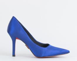 Scarpin Salto Fino 10cm Sola Vermelha Cetim Azul CBK