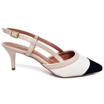 Scarpin Slingback Salto Baixo Nobuck Preto Napa Off White/Bege