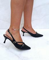 Scarpin Slingback Salto Fino Baixo Detalhe Fivela Preto - Sobressalto