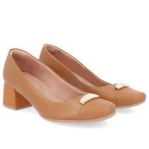 Scarpin Usaflex AK0302008 - Marrom Salto Bloco Couro Detalhe Enfeite - TAN