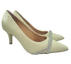 Scarpin Vizzano Enfeite Tira Strass Salto Médio - Creme