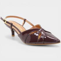 Scarpin Vizzano Slingback Bico Fino Verniz Salto Baixo - Marrom Escuro - 35