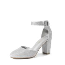 Scarpins Femininos DREAM PAIRS Angela com Salto Bloco Prateado e Glitter Scarpins Femininos DREAM PAIRS Angela com Salto Bloco Prateado e Glitter