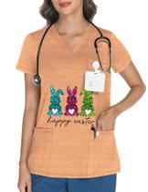 Scrub Tops LOMON com decote em V e manga curta com 3 bolsos para mulheres