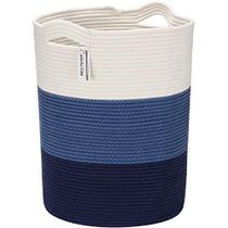 Sea Team Large Size Cotton Rope Woven Storage Basket com alças, cesto de lavanderia, balde de tecido, tambor, organizador de brinquedos de roupas para sala de crianças, 20 x 14 polegadas, Design Aberto Redondo, Branco & Marinha