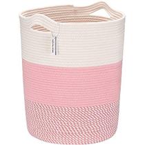Sea Team Large Size Cotton Rope Woven Storage Basket with Handles, Laundry Hamper, Fabric Bucket, Drum, Clothes Toys Organizer for Kid's Room, 20 x 14 polegadas, Round Open Design, White & Mottled Pink