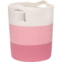 Sea Team Large Size Cotton Rope Woven Storage Basket with Handles, Laundry Hamper, Fabric Bucket, Drum, Clothes Toys Organizer for Kid's Room, 20 x 14 polegadas, Round Open Design, White & Pink