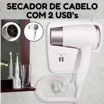 Secador 110V de Parede Branco Compacto para Hotéis com Função Quente e Frio e USB Secador 110V de Parede Branco Compacto para Hotéis com Função Quente e Frio e USB