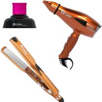 Secador Cabelo Aero 3000w Lion Cobre + Prancha Tittan 500 Lion + Difusor Pink