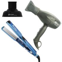 Secador Cabelo Pro 2540w Lion 220v Cinza + Prancha Chapinha Pro Tittan 500 Lion 250 Azul + Difusor