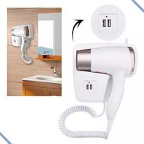 Secador de Cabelo Banheiro Hotel Motel com Suporte de Parede com USB Carrega Celular