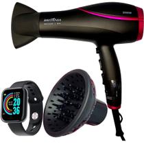 Secador De Cabelo Britania Profissional 2100w Ions Tourmaline Ar Quente Frio Bs22 Bivolt Com Difusor De Cachos Smartwatch Relógio