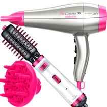 Secador De Cabelo Gama Italy 2200w Ion Profissional Salão Ar Quente Frio Rosa Auto Com Difusor Cachos Escova Modeladora Rotativa 2300 1100w