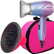 Secador de Cabelo Mondial 1200w Ions Tourmaline Mini Dobrável Viagem Azul Sm12 Bivolt Difusor Cachos Maleta
