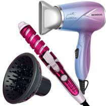 Secador de Cabelo Mondial 1200w Ions Tourmaline Mini Dobrável Viagem Azul Sm12 Bivolt Difusor Cachos Modelador Nova