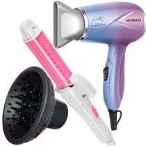 Secador de Cabelo Mondial 1200w Ions Tourmaline Mini Dobrável Viagem Azul Sm12 Bivolt Difusor Cachos Prancha Modelador 2 em 1