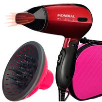 Secador de Cabelo Mondial 1200w Ions Tourmaline Mini Dobrável Viagem Vermelho Sm13 Bivolt Difusor Cachos Maleta