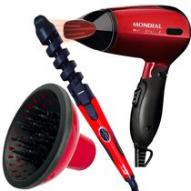 Secador de Cabelo Mondial 1200w Ions Tourmaline Mini Dobrável Viagem Vermelho Sm13 Bivolt Difusor Cachos Modelador Nova