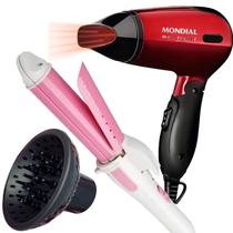 Secador de Cabelo Mondial 1200w Ions Tourmaline Mini Dobrável Viagem Vermelho Sm13 Bivolt Difusor Cachos Prancha Modelador 2 em 1