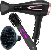 Secador de Cabelo Philco 2100w Ar quente Frio Profissional íons Tourmaline Difusor Escova Rotativa 1300w Giratória Bs2