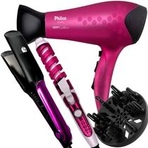 Secador De Cabelo Philco Profissional 2200w Ion Stilo Rosa Difusor Cacheador Espiral Nova Prancha Larga 410ºf