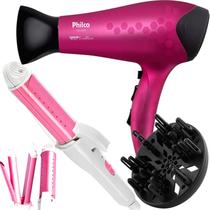 Secador De Cabelo Philco Profissional 2200w Ion Stilo Rosa Difusor Cachos Modelador Prancha 2 Em 1 Ex Bivolt