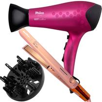 Secador De Cabelo Philco Profissional 2200w Ion Stilo Rosa Difusor Cachos Prancha Titanium 450ºf Progressiva Bivolt