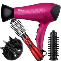 Secador De Cabelo Philco Profissional 2200w Ion Stilo Rosa Difusor Escova Rotativa 2 Cerdas