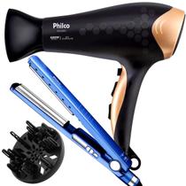 Secador De Cabelo Philco Profissional 2200w Ions Ar Quente Frio Bivolt Com Difusor De Cachos Prancha Titanium Progressiva 230ºc