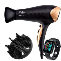 Secador De Cabelo Philco Profissional 2200w Ions Ar Quente Frio Bivolt Com Difusor De Cachos Smartwatch