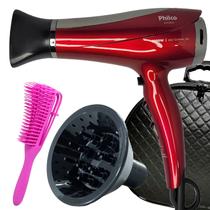 Secador De Cabelo Philco Profissional 2200w Ions Ar Quente Frio Chery Com Difusor De Cachos Escova Polvo Maleta