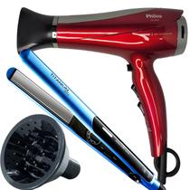 Secador De Cabelo Philco Profissional 2200w Ions Ar Quente Frio Chery Com Difusor De Cachos Prancha Titanium Progressiva Blue 220ºc