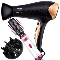 Secador De Cabelo Philco Profissional 2200w Ions Ar Quente Frio Com Difusor De Cachos Escova Rotativa Gama Italy 2300 Giratória