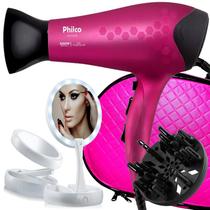 Secador De Cabelo Philco Profissional 2200w Ions Ar Quente Frio Stilo Bivolt Com Difusor Cachos Espelho Led Maleta
