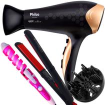 Secador De Cabelo Philco Profissional 2200w Ions Ar Quente Frio Stilo Bivolt Com Difusor Cachos Modelador Nova Prancha Cerâmica 210ºc