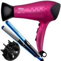 Secador De Cabelo Philco Profissional 2200w Ions Ar Quente Frio Stilo Bivolt Com Difusor Cachos Prancha Titanium Progressiva Blue 220ºc