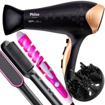 Secador De Cabelo Philco Profissional 2200w Ions Ar Quente Frio Stilus Difusor De Cachos Modelador Escova Alisadora 2 em 1 Bivolt