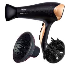 Secador De Cabelo Philco Profissional 3700p Ion Emborrachado 2200w Ar Quente Frio Dourado Com 2 Difusores De Cachos