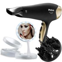 Secador De Cabelo Philco Profissional 3700p Ion Emborrachado 2200w Ar Quente Frio Dourado Com Difusor De Cachos Espelho Led