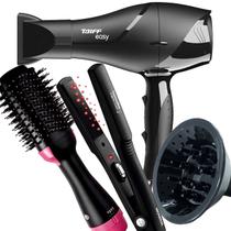 Secador De Cabelo Taiff 1700w Ions Profissional Ar Quente Frio Preto Difusor De Cachos Prancha Cerâmica 220ºc P15 Escova 4 em 1 City
