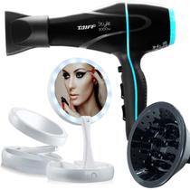 Secador De Cabelo Taiff 2000w Ions Profissional Ar Quente Frio Preto Difusor De Cachos Espelho Led