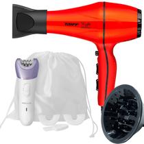 Secador De Cabelo Taiff 2000w Ions Profissional Ar Quente Frio Vermelho Com Difusor De Cachos Depilador Gama Italy Look