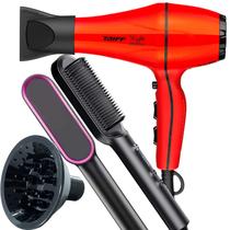 Secador De Cabelo Taiff 2000w Ions Profissional Ar Quente Frio Vermelho Com Difusor De Cachos Escova Alisadora Secadora 2 Em 1 Hq