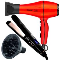 Secador De Cabelo Taiff 2000w Ions Profissional Ar Quente Frio Vermelho Difusor Cachos Prancha Cerâmica 230ºc Canhão De Íons Display Digital Digy