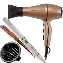 Secador De Cabelo Taiff Profissional 2000w Ar Quente Frio Dourado Motor Ac Com Difusor De Cachos Prancha Ceramica 230ºc Infravermelha