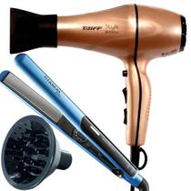 Secador De Cabelo Taiff Profissional 2000w Ar Quente Frio Dourado Motor Ac Difusor De Cachos Prancha Titanium Progressiva Blue 220ºc