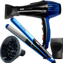Secador De Cabelos Excela 2200w Profissional Íons Ar Quente Frio Com Bico Alisamento e Difusor De Cachos Prancha Titanium 220ºC Blue