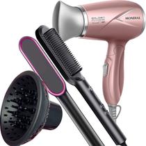 Secador de Cabelos Mondial 1200w Ions Tourmaline Mini Dobravel Viagem Bivolt Difusor Cachos Escova Alisadora 2 em 1 HQ